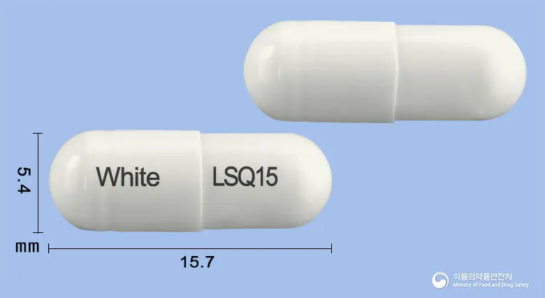란소큐캡슐15mg(란소프라졸과립) 앞뒤 사진 (흰색 캡슐, 각인 White LSQ15)