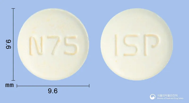 일성나프토피딜정75밀리그램 앞뒤 사진 (노란색 원형, 각인 N75 / ISP)