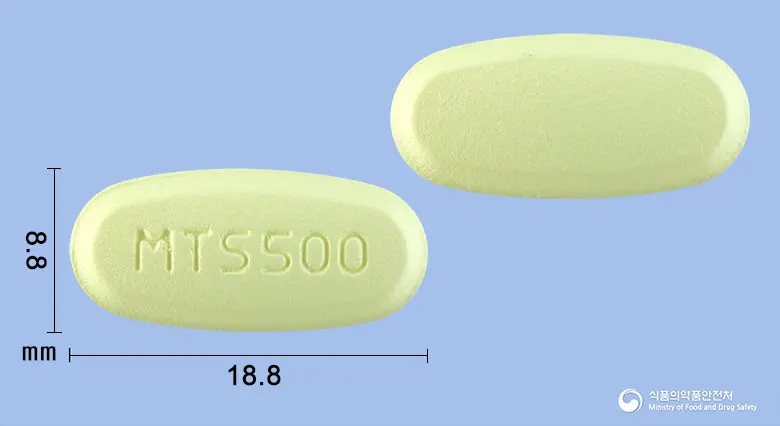 클래리마신정500mg(클래리트로마이신) 앞뒤 사진 (연두색 타원형, 각인 MTS500)