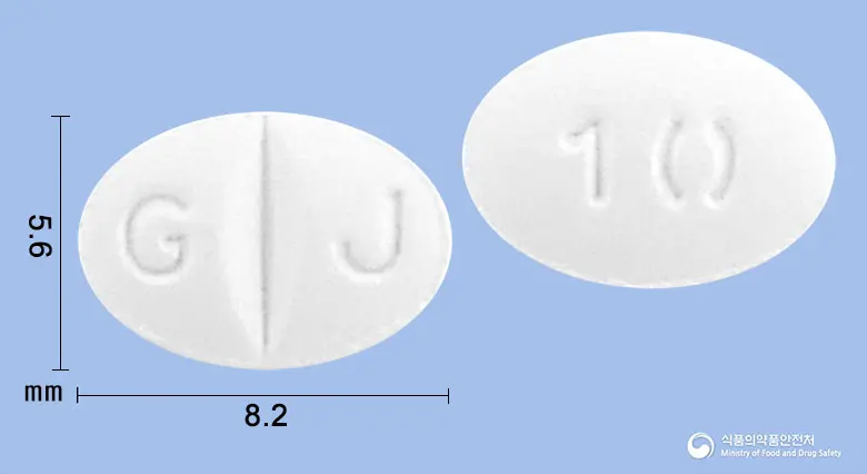 시타프릴정10mg(에스시탈로프람옥살산염) 앞뒤 사진 (흰색 타원형, 각인 G J / 10)