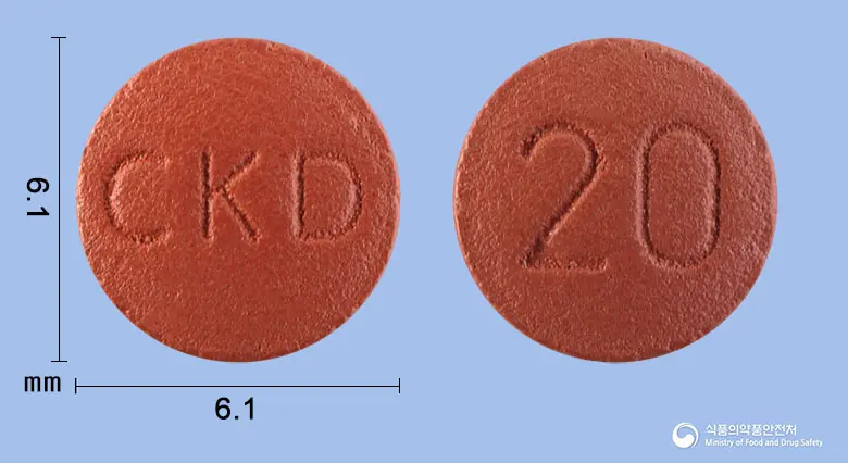 리록시아정20밀리그램(리바록사반) 앞뒤 사진 (빨간색 원형, 각인 CKD / 20)