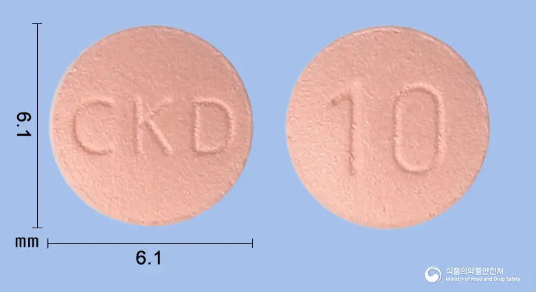 리록시아정10밀리그램(리바록사반) 앞뒤 사진 (분홍색 원형, 각인 CKD / 10)