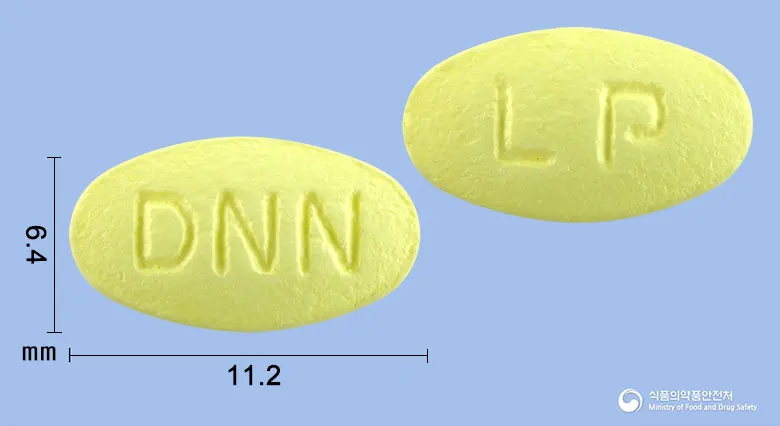 로사텍플러스정 앞뒤 사진 (연두색 타원형, 각인 DNN / LP)