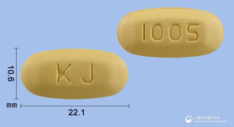 크레비스정1000/5밀리그램 앞뒤 사진 (주황색 타원형, 각인 KJ / I005)
