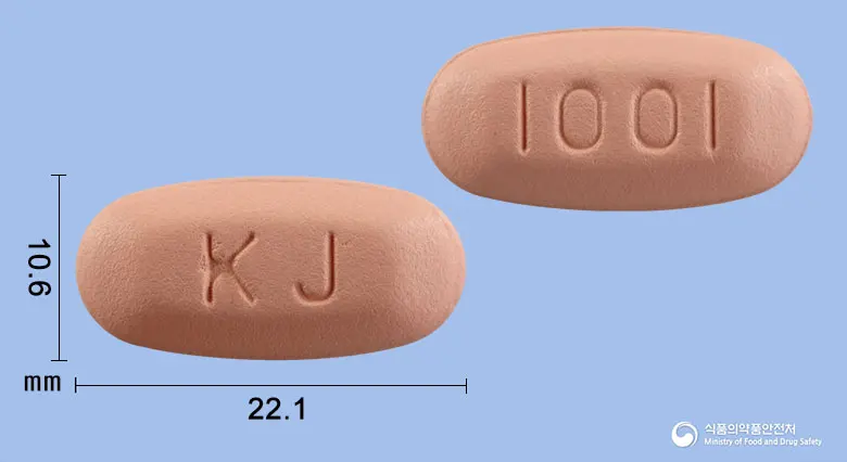 크레비스정1000/10밀리그램 앞뒤 사진 (분홍색 타원형, 각인 KJ / I00I)