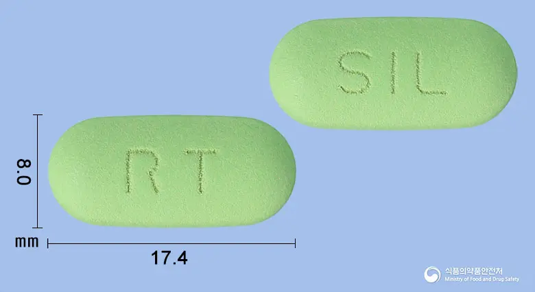 다이뉴시드정(알티옥트산트로메타민염) 앞뒤 사진 (연두색 타원형, 각인 RT / SIL)