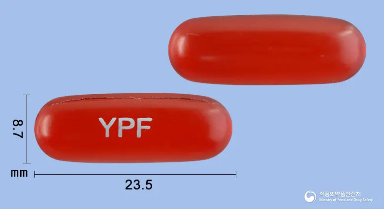 프루펜비연질캡슐 앞뒤 사진 (빨간색·투명 캡슐, 각인 YPF)