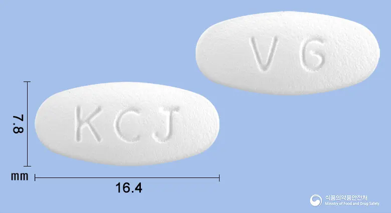 플레밍정375mg(아목시실린·클라불란산칼륨) 앞뒤 사진 (흰색 타원형, 각인 KCJ / V6)