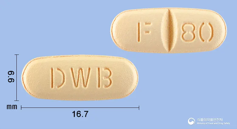 페북소릭정80밀리그램(페북소스타트) 앞뒤 사진 (주황색 타원형, 각인 DWB / F 80)