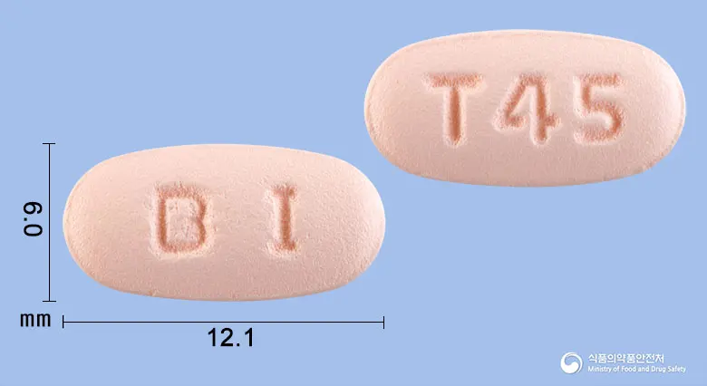 티알듀오정40/5밀리그램 앞뒤 사진 (분홍색 타원형, 각인 BI / T45)