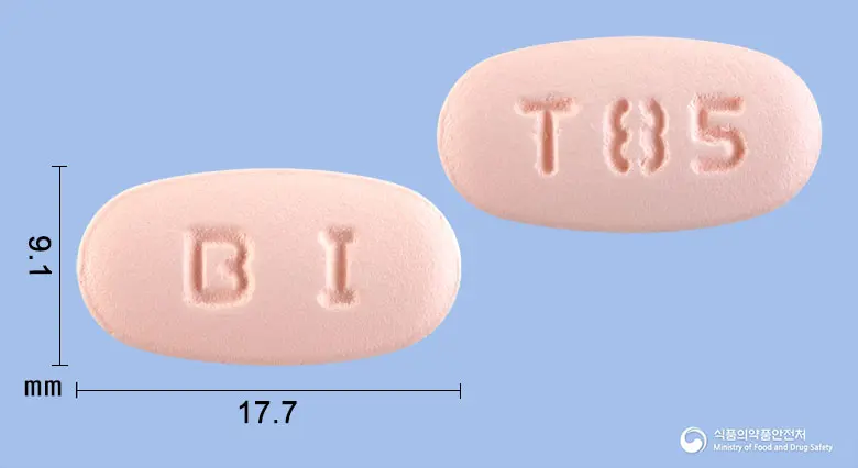 티알듀오정80/5밀리그램 앞뒤 사진 (분홍색 타원형, 각인 BI / T85)