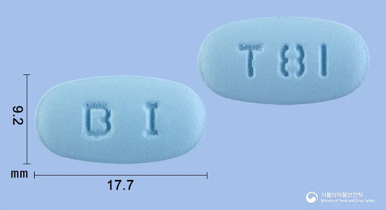 티알듀오정80/10밀리그램 앞뒤 사진 (파란색 타원형, 각인 BI / T8I)