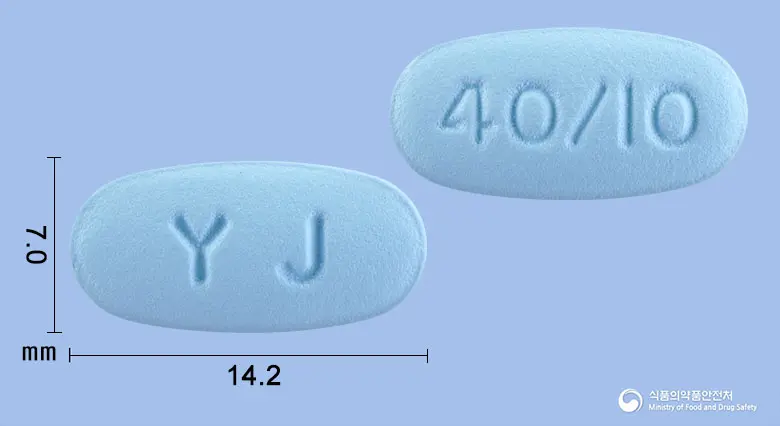 텔미로수정40/10밀리그램 앞뒤 사진 (파란색 타원형, 각인 YJ / 40/I0)
