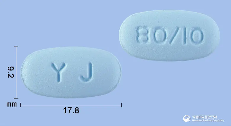텔미로수정80/10밀리그램 앞뒤 사진 (파란색 타원형, 각인 YJ / 80/I0)
