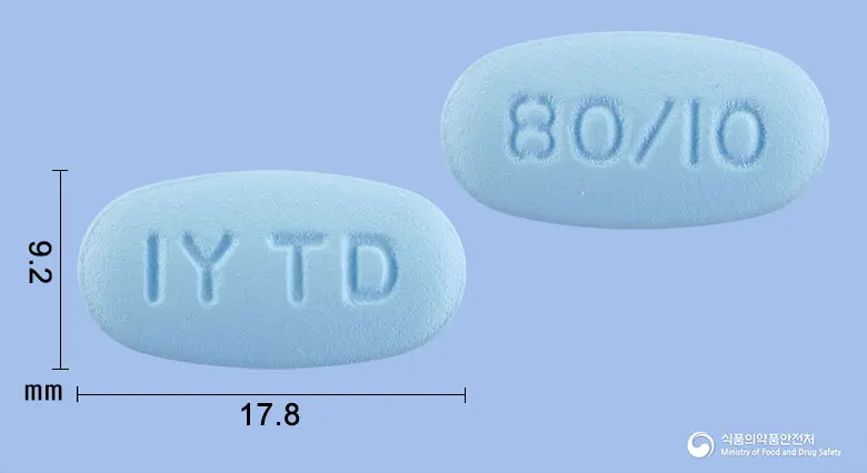 텔로다운정80/10밀리그램 앞뒤 사진 (파란색 타원형, 각인 IY TD / 80/I0)