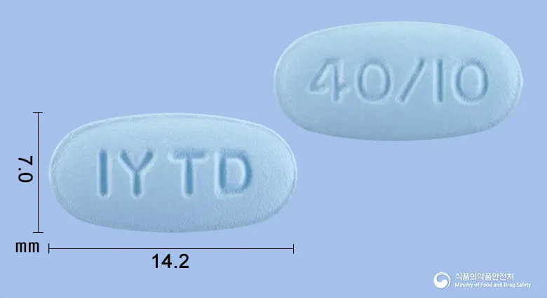 텔로다운정40/10밀리그램 앞뒤 사진 (파란색 타원형, 각인 IY TD / 40/I0)