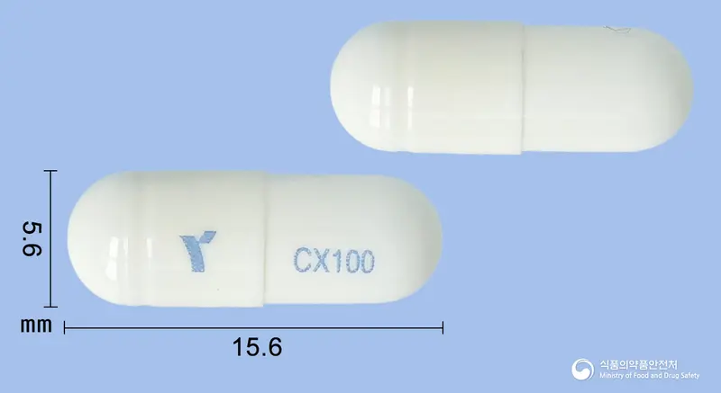 쎄레시브캡슐100밀리그램(세레콕시브) 앞뒤 사진 (흰색 캡슐, 각인 CX100)