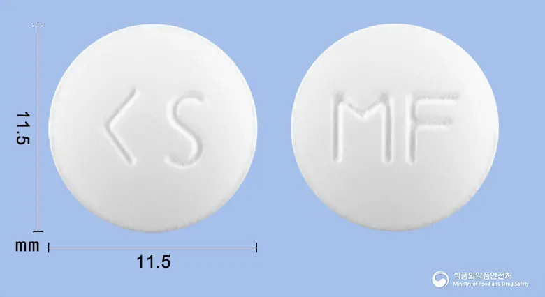 글루테니어정500mg(메트포르민염산염) 앞뒤 사진 (흰색 원형, 각인 MF)