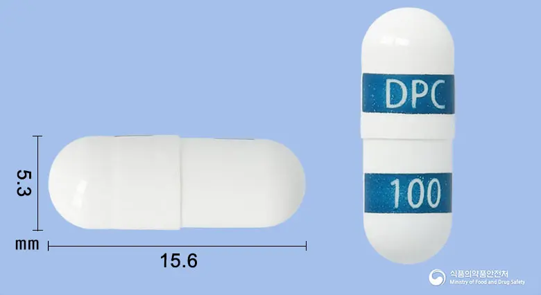 동광세레콕시브캡슐100mg 앞뒤 사진 (흰색·청록색 캡슐, 각인 DPC 100)