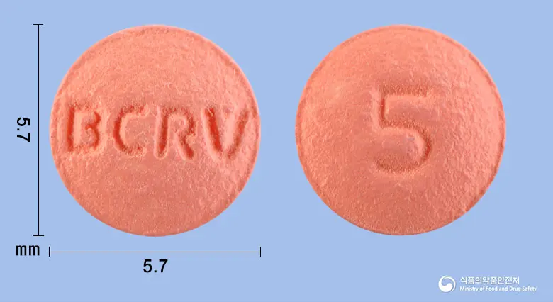 스타로바정5mg(로수바스타틴칼슘) 앞뒤 사진 (분홍색 원형, 각인 BCRV / 5)