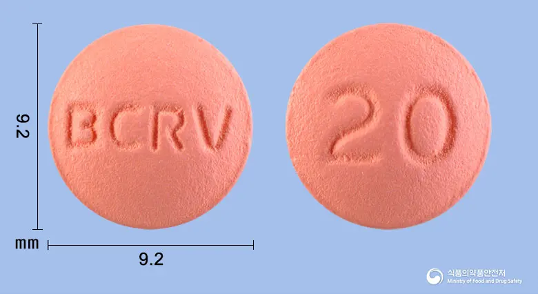 스타로바정20mg(로수바스타틴칼슘) 앞뒤 사진 (분홍색 원형, 각인 BCRV / 20)