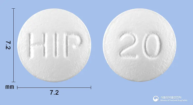 파모티정20밀리그램(파모티딘) 앞뒤 사진 (흰색 원형, 각인 HIP / 20)