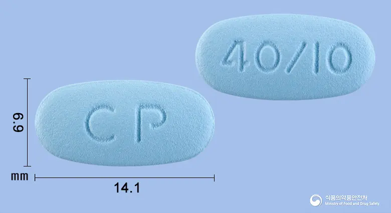 텔로듀오정40/10밀리그램 앞뒤 사진 (파란색 타원형, 각인 CP / 40/I0)