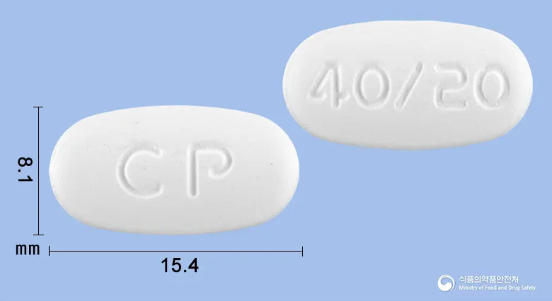 텔로듀오정40/20밀리그램 앞뒤 사진 (흰색 타원형, 각인 CP / 40/20)