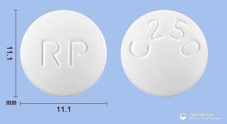 알피시프록정250mg(시프로플록사신염산염수화물) 앞뒤 사진 (흰색 원형, 각인 RP / C250)