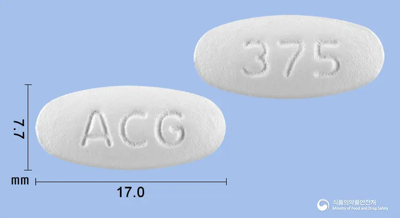 아모클젠정375mg(아목시실린-클라불란산칼륨(2:1)) 앞뒤 사진 (흰색 타원형, 각인 ACG / 375)