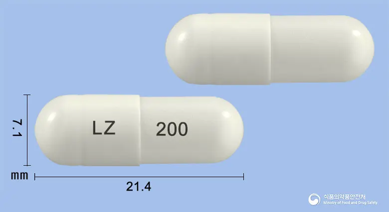 로사졸씨알캡슐200밀리그램(실로스타졸) 앞뒤 사진 (흰색 캡슐, 각인 LZ 200)