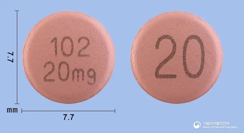 론서프정20 앞뒤 사진 (분홍색 원형, 각인 10220mg / 20)