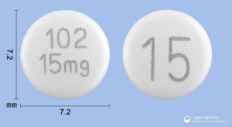 론서프정15 앞뒤 사진 (흰색 원형, 각인 10215mg / 15)