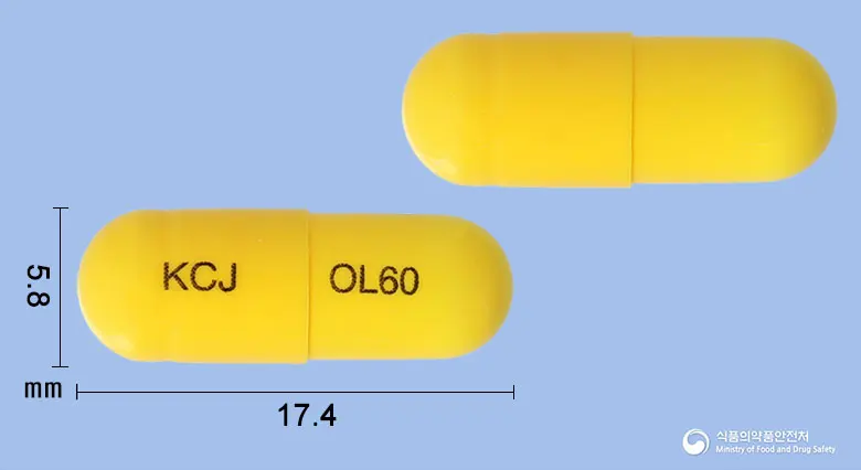 올리시스캡슐60mg(오르리스타트) 앞뒤 사진 (노란색 캡슐, 각인 KCJ OL60)