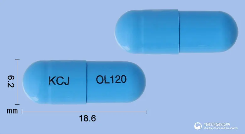 올리시스캡슐120mg(오르리스타트) 앞뒤 사진 (파란색 캡슐, 각인 KCJ OL120)