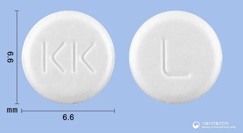 라자렉트정0.5밀리그램(라사길린메실산염) 앞뒤 사진 (흰색 원형, 각인 KK / L)