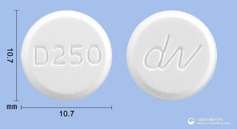 도베우정250mg(도베실산칼슘수화물) 앞뒤 사진 (흰색 원형, 각인 D250)