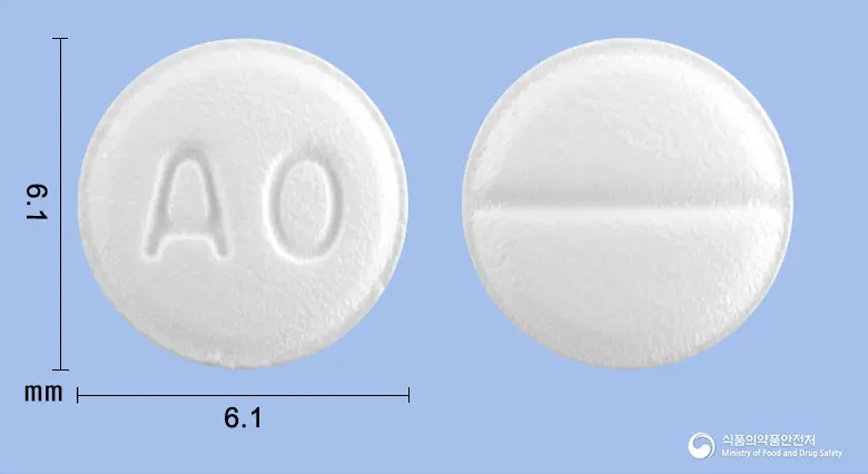 알레나온정10mg(에피나스틴염산염) 앞뒤 사진 (흰색 원형, 각인 AO)