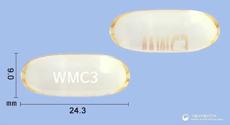 위마코연질캡슐(오메가-3-산에틸에스테르90) 앞뒤 사진 (노란색·투명 캡슐, 각인 WMC3)