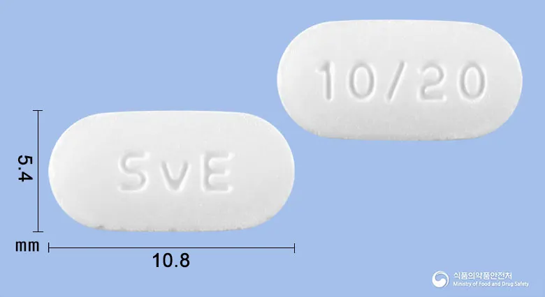 심바듀엣정10/20mg 앞뒤 사진 (흰색 장방형, 각인 SvE / 10/20)