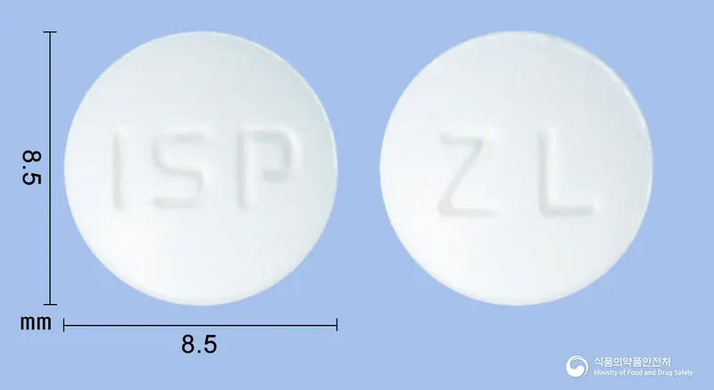 제로레보정60밀리그램(레보드로프로피진) 앞뒤 사진 (흰색 원형, 각인 ISP / ZL)
