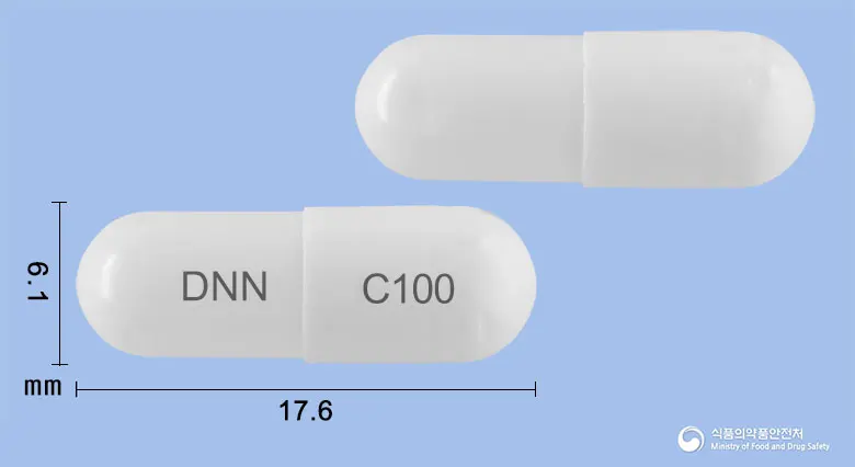 대원바이오텍실로스타졸서방캡슐100mg 앞뒤 사진 (흰색 캡슐, 각인 DNN C100)