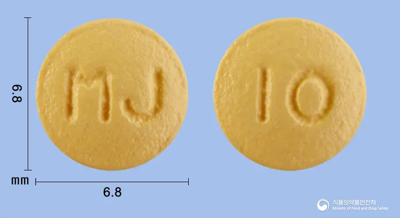 라베엠정10mg(라베프라졸나트륨) 앞뒤 사진 (주황색 원형, 각인 MJ / I0)