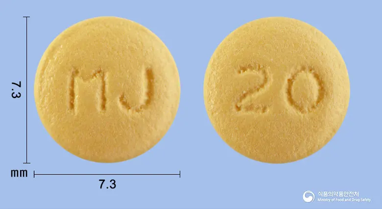 라베엠정20mg(라베프라졸나트륨) 앞뒤 사진 (주황색 원형, 각인 MJ / 20)