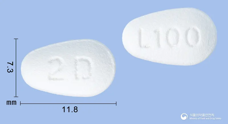 로자딘정100mg(로사르탄칼륨) 앞뒤 사진 (흰색 기타, 각인 2D / L100)