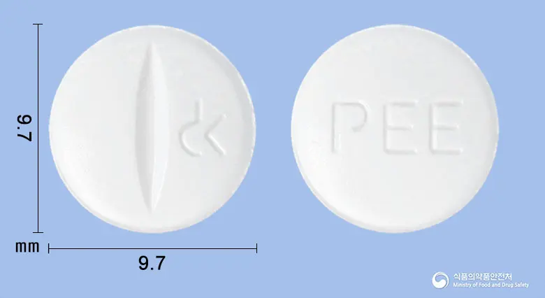 프리모노정80밀리그램(텔미사르탄) 앞뒤 사진 (흰색 원형, 각인 PEE)