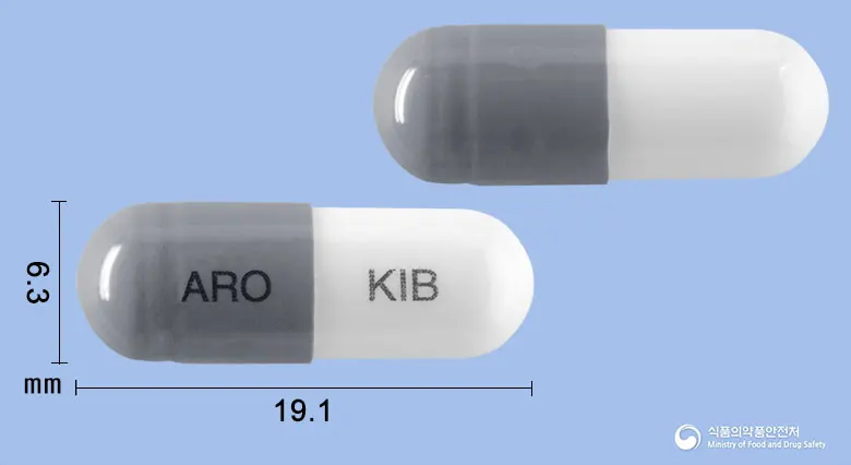 아로필립캡슐100mg(아세브로필린) 앞뒤 사진 (회색 캡슐, 각인 ARO KIB)