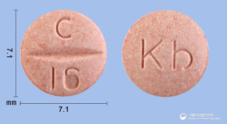 칸데탄정16밀리그램(칸데사르탄실렉세틸) 앞뒤 사진 (분홍색 원형, 각인 C I6 / Kb)