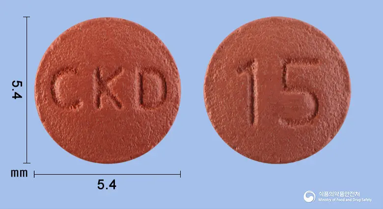 리록시아정15밀리그램(리바록사반) 앞뒤 사진 (빨간색 원형, 각인 CKD / 15)