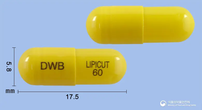 리피컷캡슐60밀리그램(오르리스타트) 앞뒤 사진 (노란색 캡슐, 각인 DWB LIPICUT 60)
